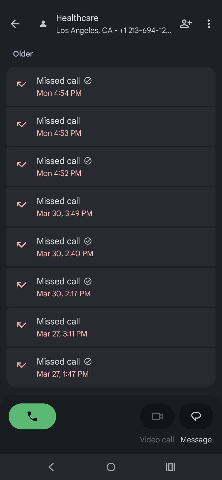 Call logs showing escalating missed calls